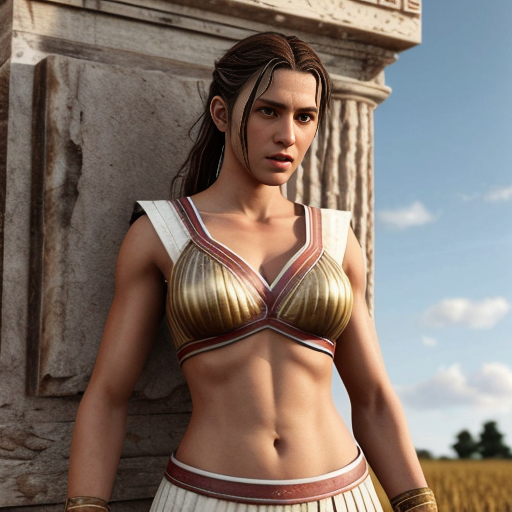 i would like an a ancient greek female fighter in clothes of 1821 of greece and lastly i want her to be happy and proud and at a distansce in a field