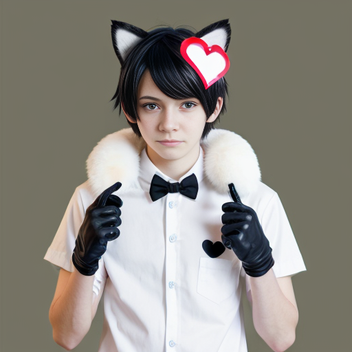 anime teenage boy with red eyes, black hair, white cat ears, a white shirt
, blue jeans, black gloves with one love heart per glove and a brown cat tail with a white stripe near the tip.