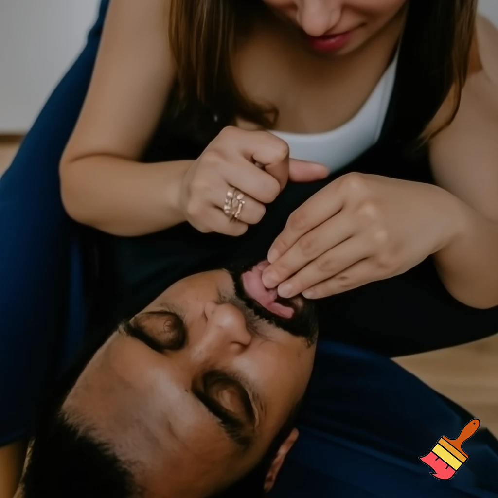                                                                                                  Woman laying on top of man on floor, licking his testicles