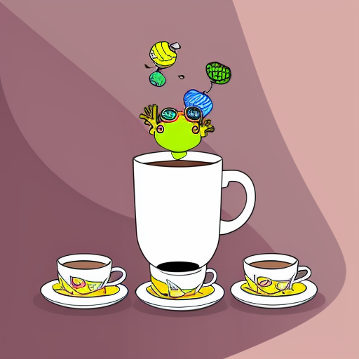 A hillarious, funny boho toad with some hippie colored coffee cups. Psychedelic decorated background.