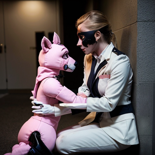 A 21-year-old female student was caught by female animatronics from FNAF 2, and they put a classic original toy foxy female animatronic suit (a beautiful, muted, white and pink fox) inside, parallel to the suit, hands in hands, etc. What will the girl's behavior be when he sees that she is in a suit and through the suit's mask there is blood on the floor, that when she moves her legs or arms while sitting against the wall, she is in incredible pain, and that she is bleeding almost all over her body.