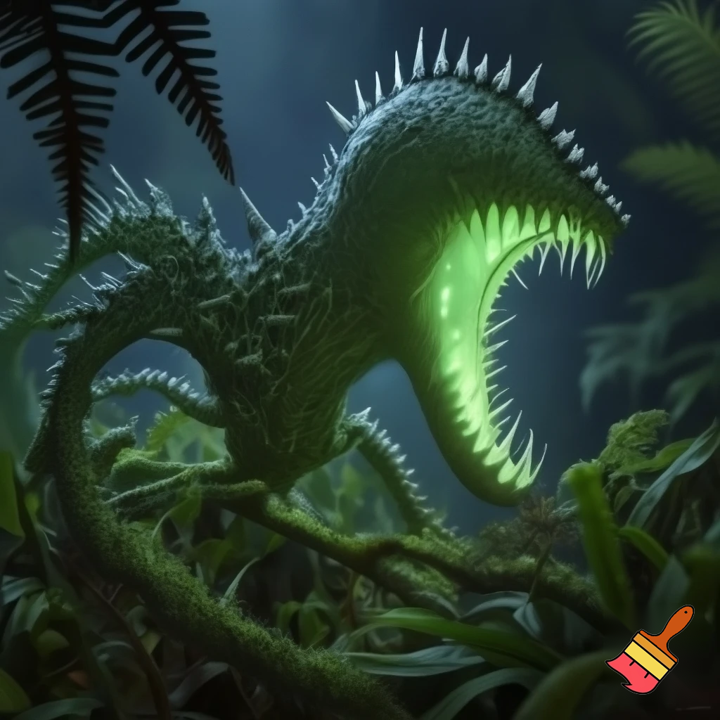 a animal that has green skin and has no eyes
and has a tail with spike on the tail and body and looks like a fly trap and lives in the rainforest has a big mouth and has shark teeth and has legs and arms


 
