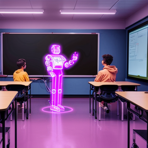 a robot teaching students in a holographic ai powered smart classroom ,digital screeens ,neon lighting
