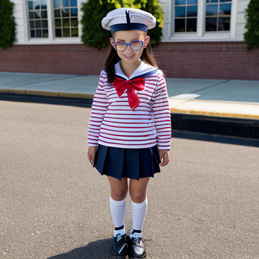Cute adorable niña Chilindrina glasses con hair lazo con verano sailor uniforme escolar con zapatos negros escolar con calcetines blancos con sombrero sailor con grupal con caminar con desfile Estados Unidos América bandera con ciudad 10