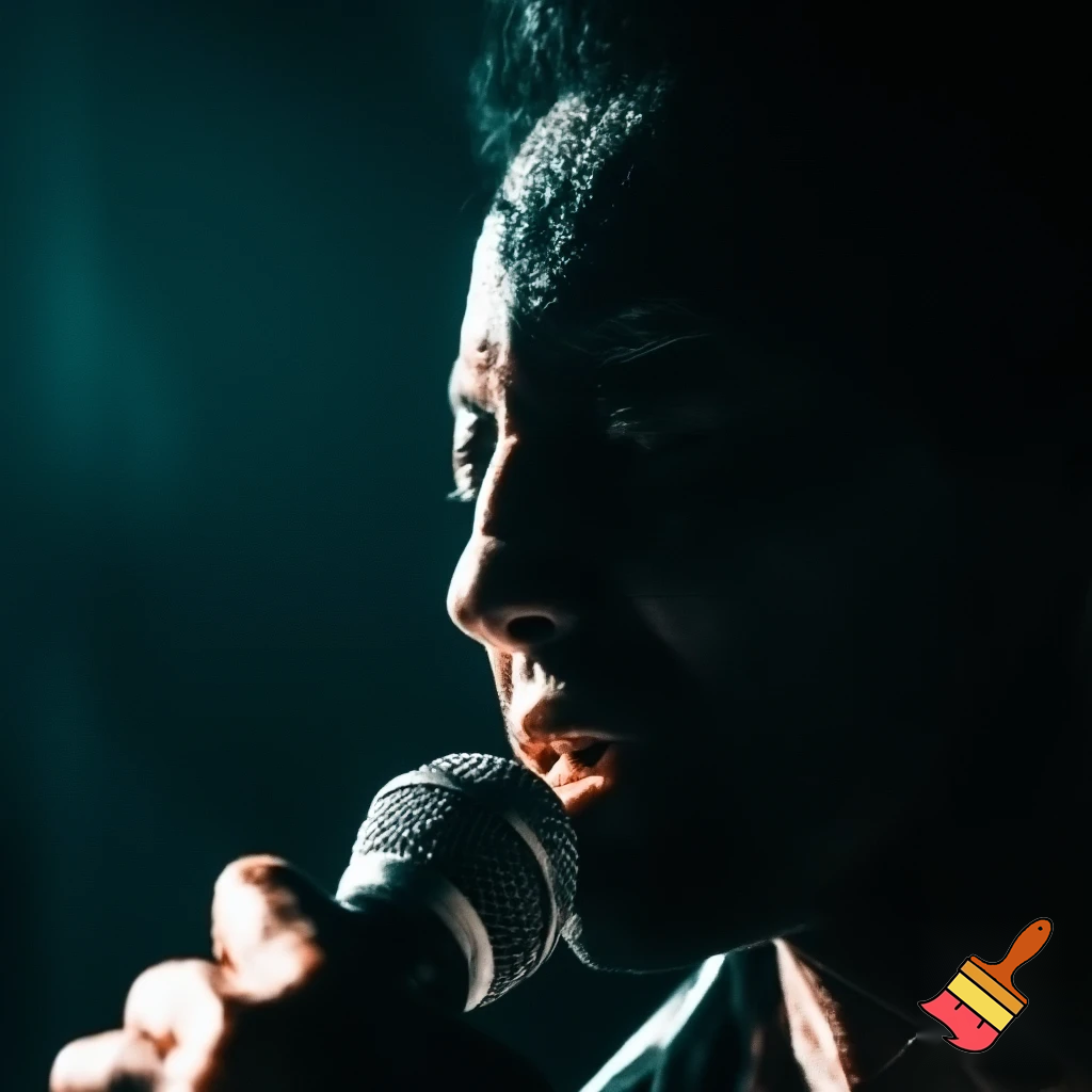 a singer close up on the mic with edgy lighting
