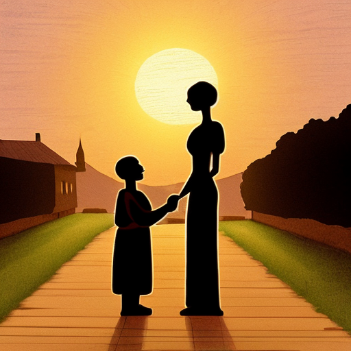 Animated scene of Suliemen Ata handing the child to the mother, standing tall with wooden staff, sunset golden light, serene and symbolic atmosphere, village in the background, warm colors, justice and wisdom symbolized, hand-drawn animation style, cinematic composition, highly detailed
