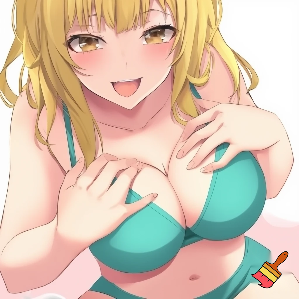 Anime girl with small breasts in a Bra and a Seductive Smile, cute with teal underwear clothes and blonde hair and hazel eyes
