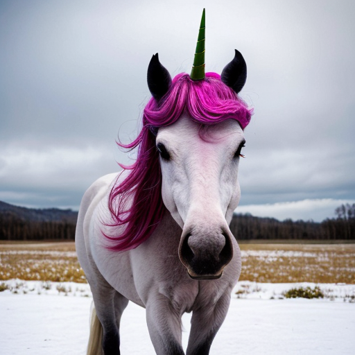 pink unicorn in a snowy field, photorealistic