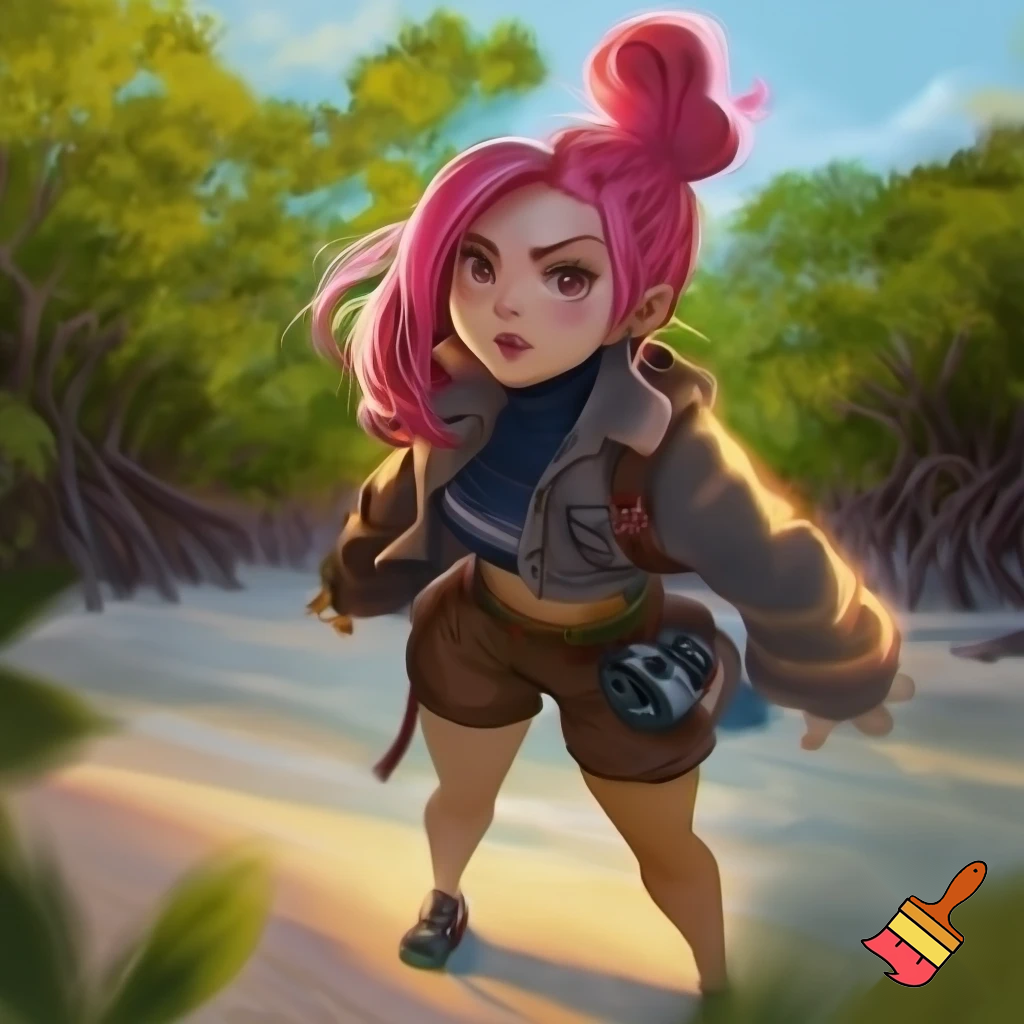 Appearance:
Aaria has bright pink hair tied into a stylish half-bun with loose strands framing her face. She has a big breast and a huge waist.  She wears a cropped adventure jacket over a sporty top, practical shorts for travel, and lightweight explorer shoes suited for mangroves and beaches. A compact camera always hangs at her side, ready to capture every new discovery. Her eyes sparkle with curiosity, and she often carries herself with an energetic pose that hints at confidence and creativity.

Personality:
Aaria is confident, clever, and endlessly curious — she sees the world through the lens of both her camera and her ideals. She documents everything she encounters, believing that every Pokémon and every moment tells a story worth remembering. Though she’s competitive, she treats battles like experiments and snapshots of growth rather than simple victories.

Role in the Story:
She starts as a fellow adventurer from Keraco Village, taking the opposite starter to yours. She travels the region photographing habitats, ruins, and trainers — and often challenges you to a friendly rematch to “capture your progress.” Her dream is to publish “The Light and Shadow Atlas of Indigoa.”