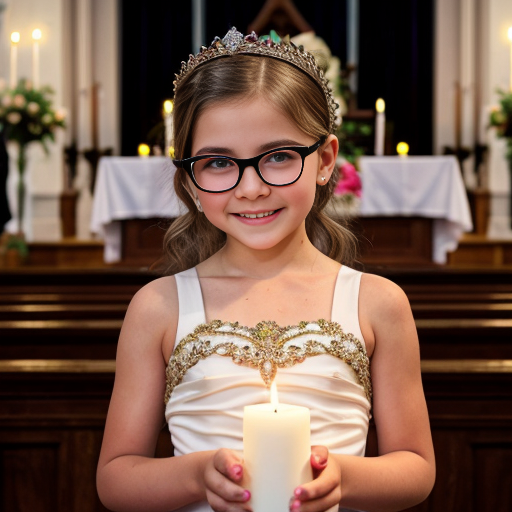 Cute adorable niña Chilindrina glasses con hair curly Blonde con corona Flores con verano elegante formal primera comunión sensual sexy con holding vela dé candela con altar con iglesia templó católico 2