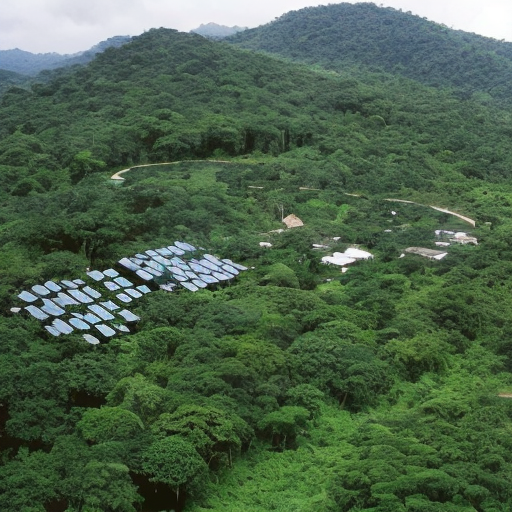 rain forest with a village and solar panels
