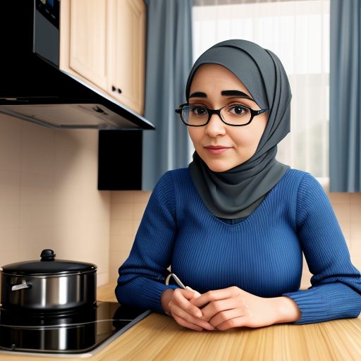 Мультяшный 3D стиль Pixar, упрощённые мультяшные черты, яркие дружелюбные цвета, уютная кухня. Мусульманская мама 35-40 лет, полностью покрыта голубым платьем, которая не выделяет широкое платье, округлое мультяшное лицо, большие простые глаза, готовит на плите. Сын, 20 лет, синяя толстовка, чёрные джинсы, короткая мусульманская причёска, мультяшное лицо, большие выразительные глаза, сидит за столом. Постоянный персонаж, одинаковая одежда и причёска, повторяемый дизайн персонажа, кинематографическое освещени.