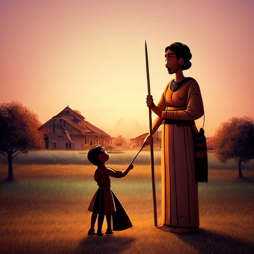 Animated scene of Suliemen Ata handing the child to the mother, standing tall with wooden staff, sunset golden light, serene and symbolic atmosphere, village in the background, warm colors, justice and wisdom symbolized, hand-drawn animation style, cinematic composition, highly detailed
