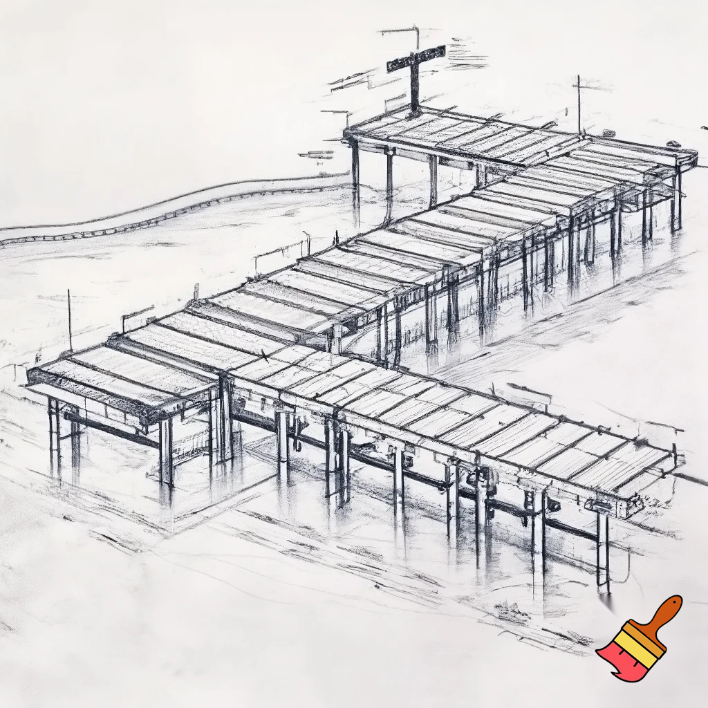 A construction sketch of a dock with 18 pilings and a T shaped end over a small pond for