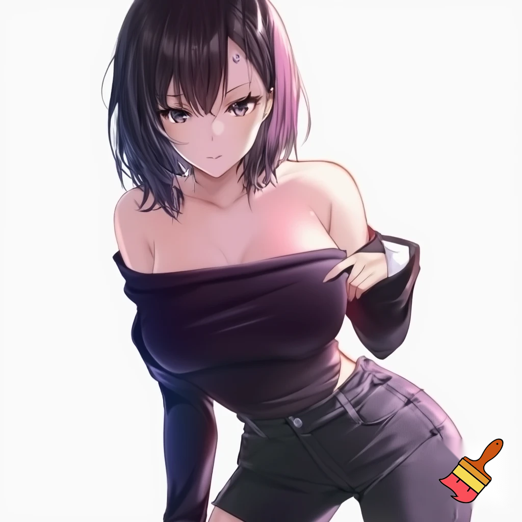 Anime girl 20 years old so cool and cute is dressing a of shoulder dress and it’s very revealing and very cool short black jeans is standing in white screen make is so anime