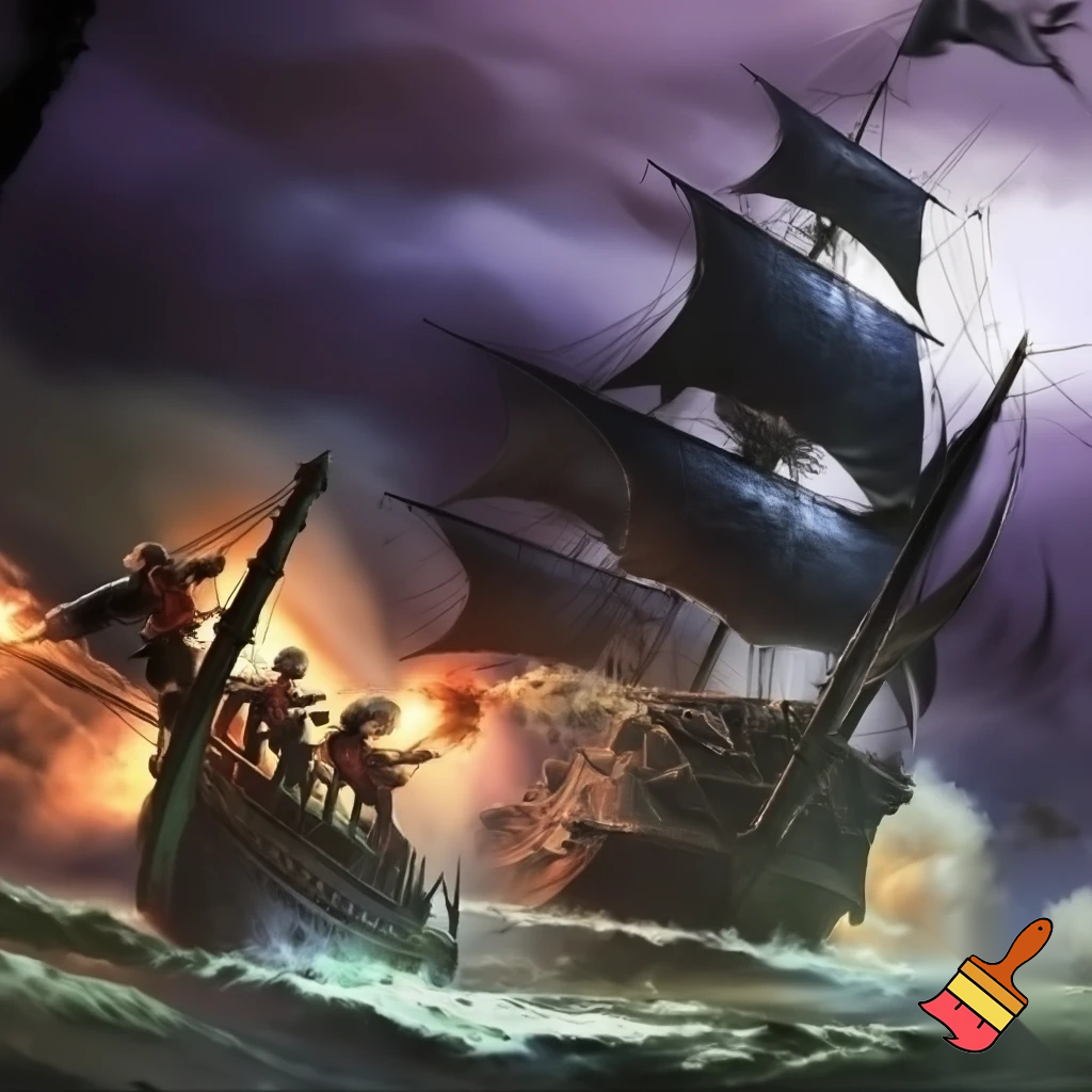 Pirate ship with pirates attacking another ship. Firing cannons and guns. Long cutlasses, peg legs and eye patches
  