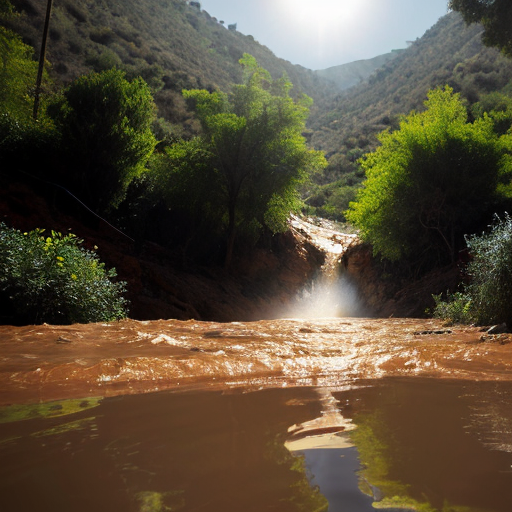 
"A dramatic cinematic shot of a powerful flash flood rushing through a Moroccan valley (Oued) with traditional red clay surroundings. In the foreground, a large, crystal-clear water drop is suspended in the air. Inside the drop, a reflection of a lush green forest is visible. The lighting is moody with golden hour sun rays. The style is hyper-realistic, 8k resolution, with a contrast between the muddy flood water and the pure blue drop."
