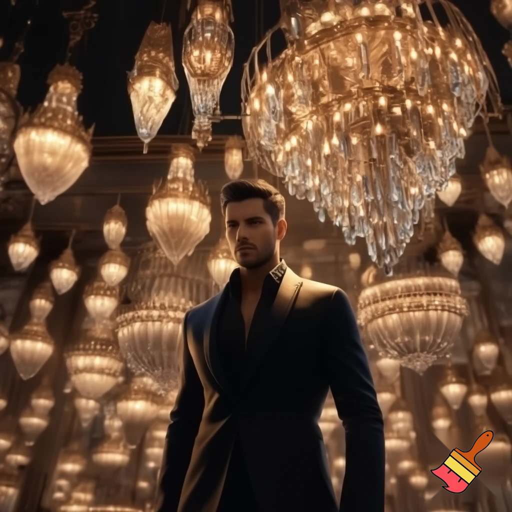 "An image of a handsome, stylish man without a tie, standing in the middle of a large room. Surrounding him are numerous bronze and crystal chandeliers, each shining softly with a warm glow. The chandeliers come in various shapes and sizes, filling the space with an elegant, luxurious atmosphere. The man stands calmly and confidently, looking both modern and sophisticated, amidst the shimmering lights."
