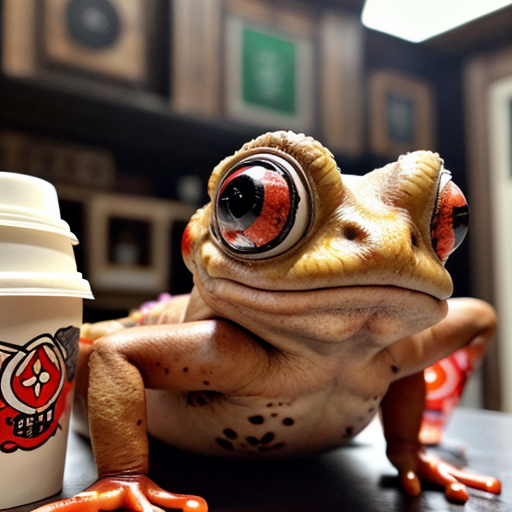 A hillarious, funny boho toad with some hippie colored coffee cups. Psychedelic decorated background, hyperrealistic. Close-up view.