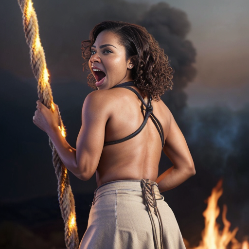 Actress Nia Long long curly hair naked wear a light beige skirt arms behind back to the pole ,tied up by ropes background screaming burned at the stake fire