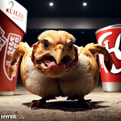 generate a photo of a peice of chicken running away terrified from kfc
