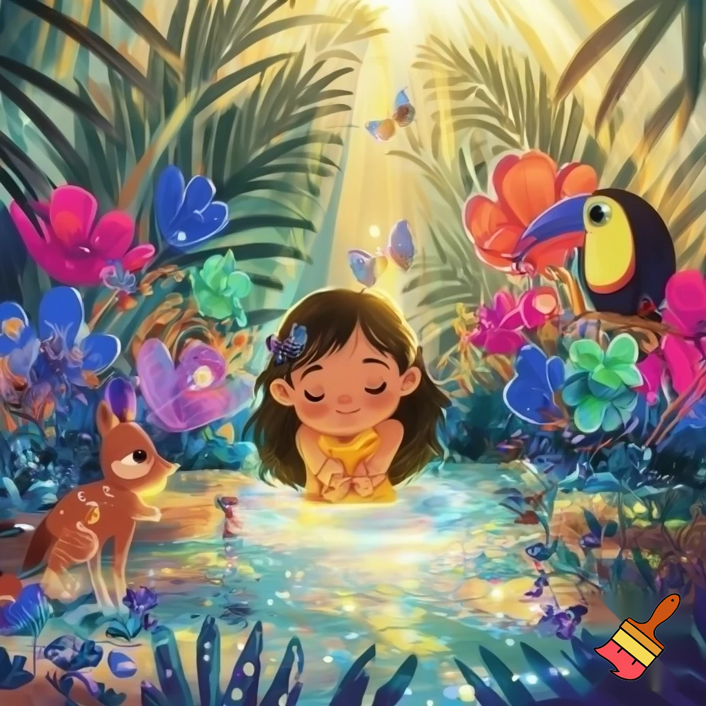 Маленькая девочка возле волшебного ручья набирает воду в ладошки, Всё блестит и сверкает от солнечного цвета, Вокруг красивые цветы, животные , птицы , стрекозы и бабочки