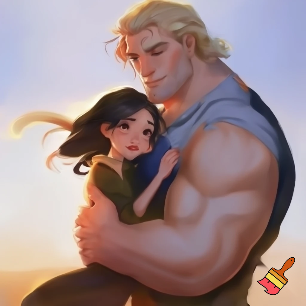 A happy couple, cute, small young woman of Asian descent, with pale skin, put emphasis her cuteness, beauty, femininity, neoteny and innocence , give her large cute neotenous eyes, give her black beautiful flowing hair, warmly hugged by a massive, handsome, heavily white, nordic, European built man with blond hair hair, who conveys intimidating strength but maintains a calm demeanor