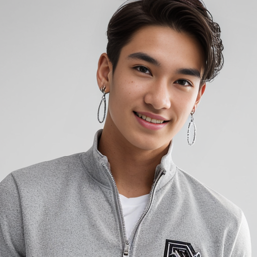 A cheerful athletic teenage boy, with short black hair, defined face (slightly angular heart-shaped jawline), tall straight nose, light brown eyes, wheatish skin, 183cm tall, inverted triangle body (broad shoulders, narrow waist), wearing a sporty zip-up jacket with the collar slightly open, subtly revealing a toned chest, smiling warmly at the camera, clean and refreshing aura.

(masterpiece, best quality, ultra-detailed, 8k, photorealistic anime:1.2),
young male character, messy black hair, light brown eyes (half-covered by hair), moist lips, faint blush,
wearing translucent white T-shirt (slightly wet texture),
accessories: silver star-shaped drop earrings (double earrings), silver chain necklace with crystal pendant, silver ring (on middle finger),
pose: head tilted back, one hand gently touching hair (fingers slightly curled),
background: soft misty/rainy atmosphere (blurred cool-toned environment, floating water droplets),
style: Chinese handsome male illustration (delicate facial features, realistic skin texture with subtle water droplets),
color tone: cool muted blue-gray dominant, with white (T-shirt) + silver (accessories) accents, soft diffused lighting (subtle highlights on skin and water droplets),
composition: extreme close-up (half face + neck), upward angle perspective, shallow depth of field (blurred background),
additional details: translucent T-shirt texture, water droplet sparkle on skin/hair, silver jewelry luster, gentle and ethereal atmosphere