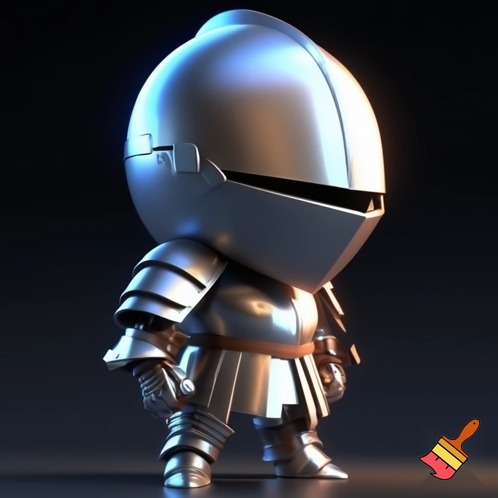 A cute chibi-style medieval knight mascot, inspired by the character proportions of "Ghosts 'n Goblins". He has a significantly oversized head and a small, stout body. He is wearing full, shiny silver plate armor with intricate but soft-edged details. The helmet is completely closed with a visor, so no face is visible. The style is whimsical fairy-tale 3D render, soft cinematic lighting, vibrant colors, high detail, standing in a heroic but adorable pose. High quality digital art, 8k, cute and charismatic.
