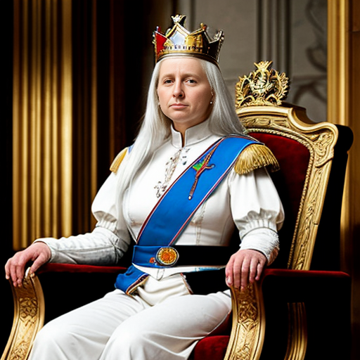 Tall, white-haired Queen of Poland in armor sitting on a throne