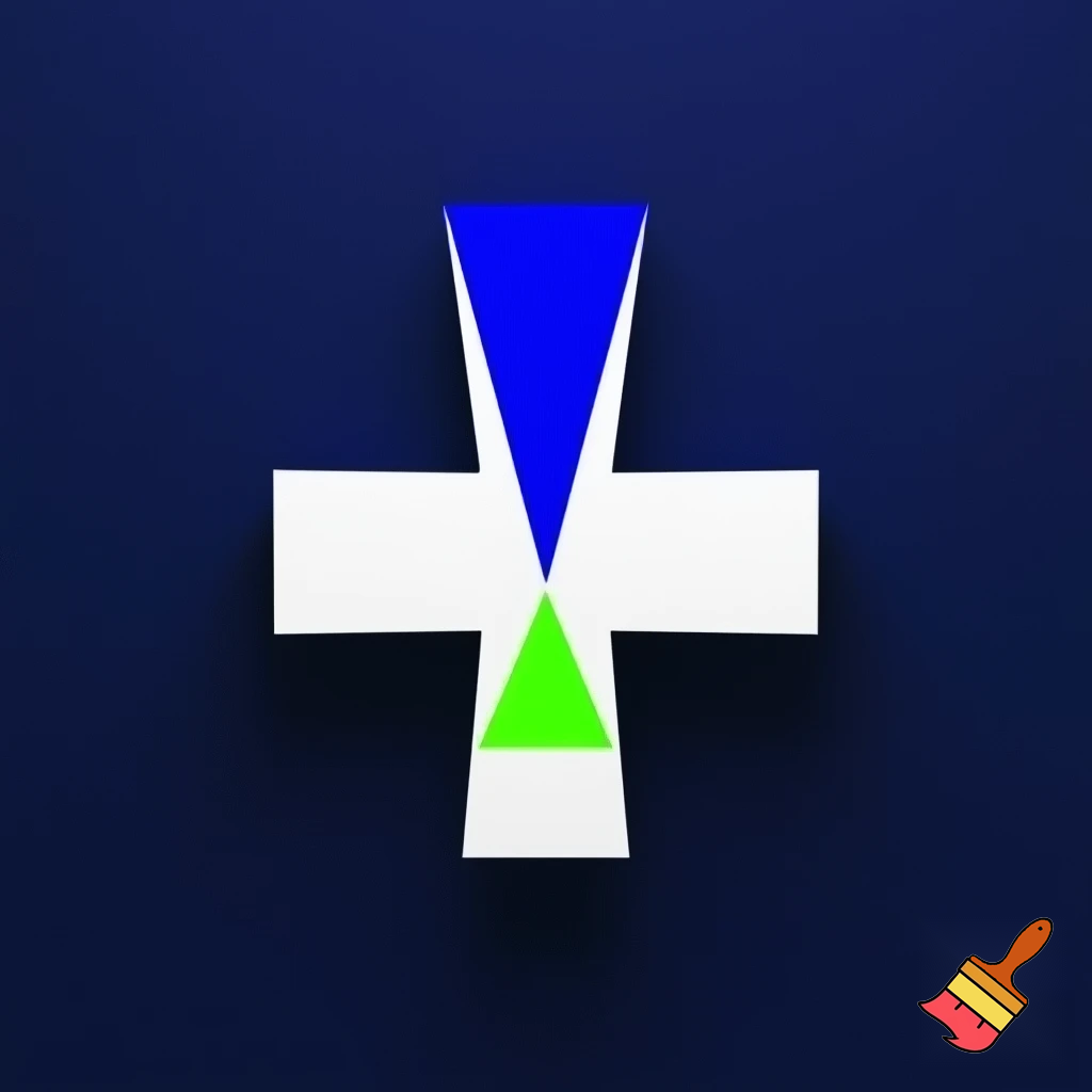 a greek cross with a blue triangle on the top pointing down, and a green triangle on the bottom pointing up