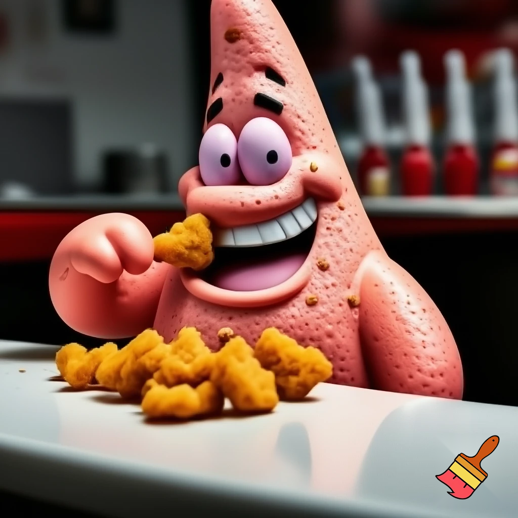 Patrick star eating chicken nuggets shaped as stars