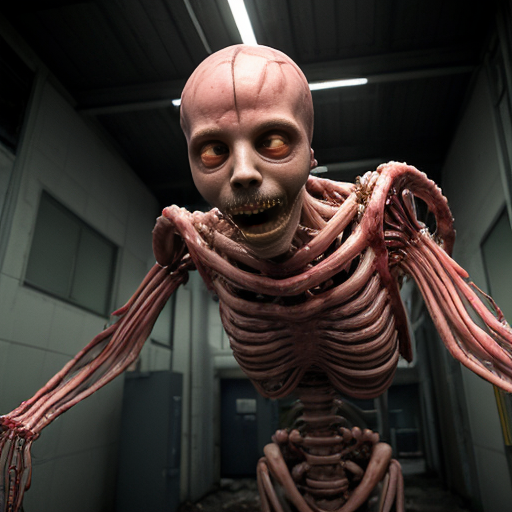 Hyperrealistic forensic/body-horror photograph, ultra-detailed 8k cinematic still, industrial meat-processing corridor or abandoned surgical facility with bright harsh fluorescent overhead lights and cold blue-white glow, reflective stainless steel walls and grated metal floor covered in pools of congealed blood and viscera, thick clusters of organic fleshy tubes/pipes (veiny meat tentacles fused with rusted metal pipes) running along ceiling and walls dripping blood and slime, central figure is a massive grotesque biomechanical abomination fused to a metal chair/gurney, humanoid torso with pale waxy skin split open exposing raw red muscle cavities and exposed organs, screaming open mouth with elongated jaw, multiple crimson fleshy tentacles/horns/antlers sprouting from head like parasitic growths, foam/froth around mouth and neck, lower body grotesquely elongated and segmented like stitched-together limbs wrapped in bloody ropes/cables, open abdominal cavity revealing nested smaller fleshy mutant forms inside, surrounded by rows of glass/metal-framed enclosures on both sides containing dozens of smaller deformed humanoid mutants, flayed skinless bodies, tumorous growths, missing limbs, exposed muscle and bone, all in various states of mutilation and fusion to pipes/walls, blood splatters, meat chunks, pus, and bodily fluids everywhere, wet glossy textures, realistic skin pores veins capillaries glistening moisture, practical special effects makeup style, shot on Arri Alexa 65 with 50mm anamorphic lens, shallow depth of field sharp focus on central abomination's face and torso, volumetric god rays through fog and steam, HDR, grainy 35mm film emulation, raw documentary horror style, no cartoon stylization, pure photorealism --ar 16:9 --stylize 100-150 --q 2 --v 6 (adjust params for your generator)