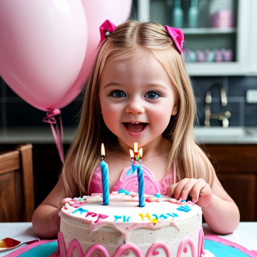 create a 2 year old daughter with blonde hair with blue eyes in pink on her birthday in front of a cake at a house 