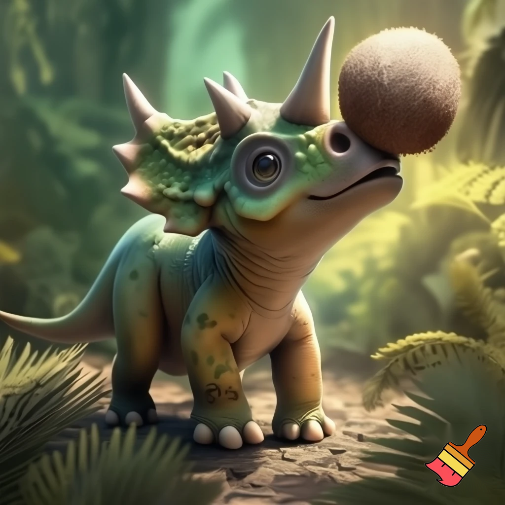 Draw a cute baby triceratops in the wild with a coconut nut on his nose horn 