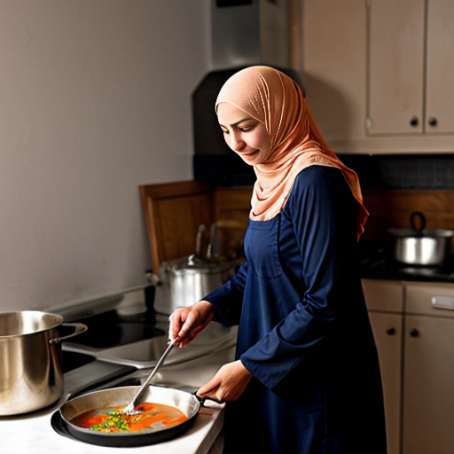 Женщина мусульманка покрытая волосы не видно груди не видно косинка длинная, стоит у плиты, готовит суп, 