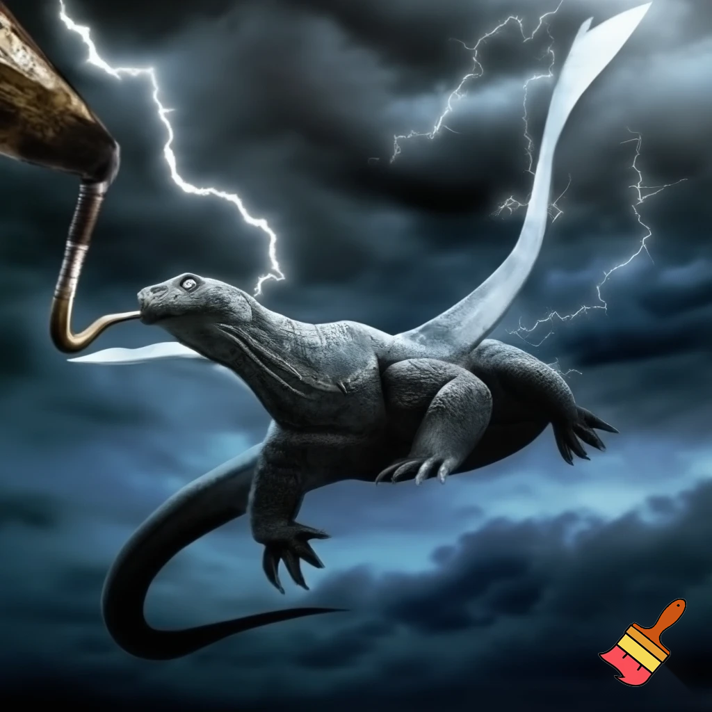 Half stingrays half komodo dragon flying swinging a lead pipe
