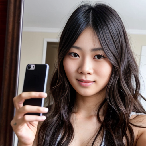 L'immagine mostra una ragazza asiatica  dai capelli scuri e ondulati che scatta un selfie allo specchio in quella che sembra essere una camera da letto. La persona è in piedi, con una mano sollevata tra i capelli e l'altra che tiene lo smartphone per catturare l'immagine.
Sullo sfondo si notano diversi elementi tipici di una stanza vissuta:
Un letto con lenzuola chiare e cuscini di vari colori.
Alcuni oggetti personali sparsi, tra cui capi di abbigliamento rossi e blu.
Una bottiglia d'acqua sul pavimento accanto alla struttura del letto
Nell'immagine si possono notare diversi elementi di abbigliamento e tessuti sparsi nella stanza:
Sullo sfondo, a sinistra, ci sono dei cuscini e delle lenzuola colorate sul letto.
A destra, appoggiati su una superficie, sono visibili dei capi di abbigliamento dai colori vivaci, in particolare un indumento di colore rosso acceso e uno blu.
In primo piano, la persona nell'immagine non indossa vestiti, ma sono presenti delle barre nere di censura sovrapposte alla foto