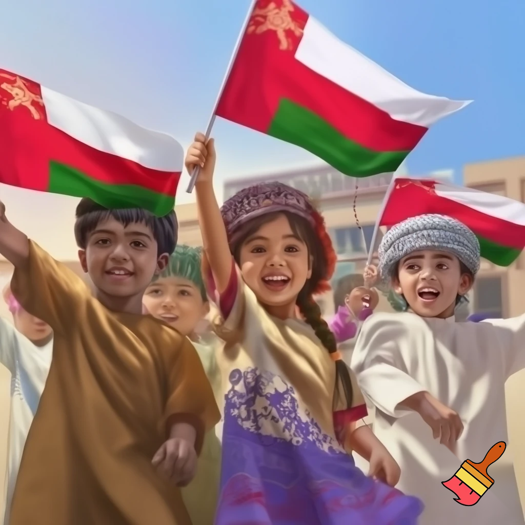 طلبة مدرسة صغار يحتفلون باليوم الوطني العماني يلوحون بالعلم في المدرسة
