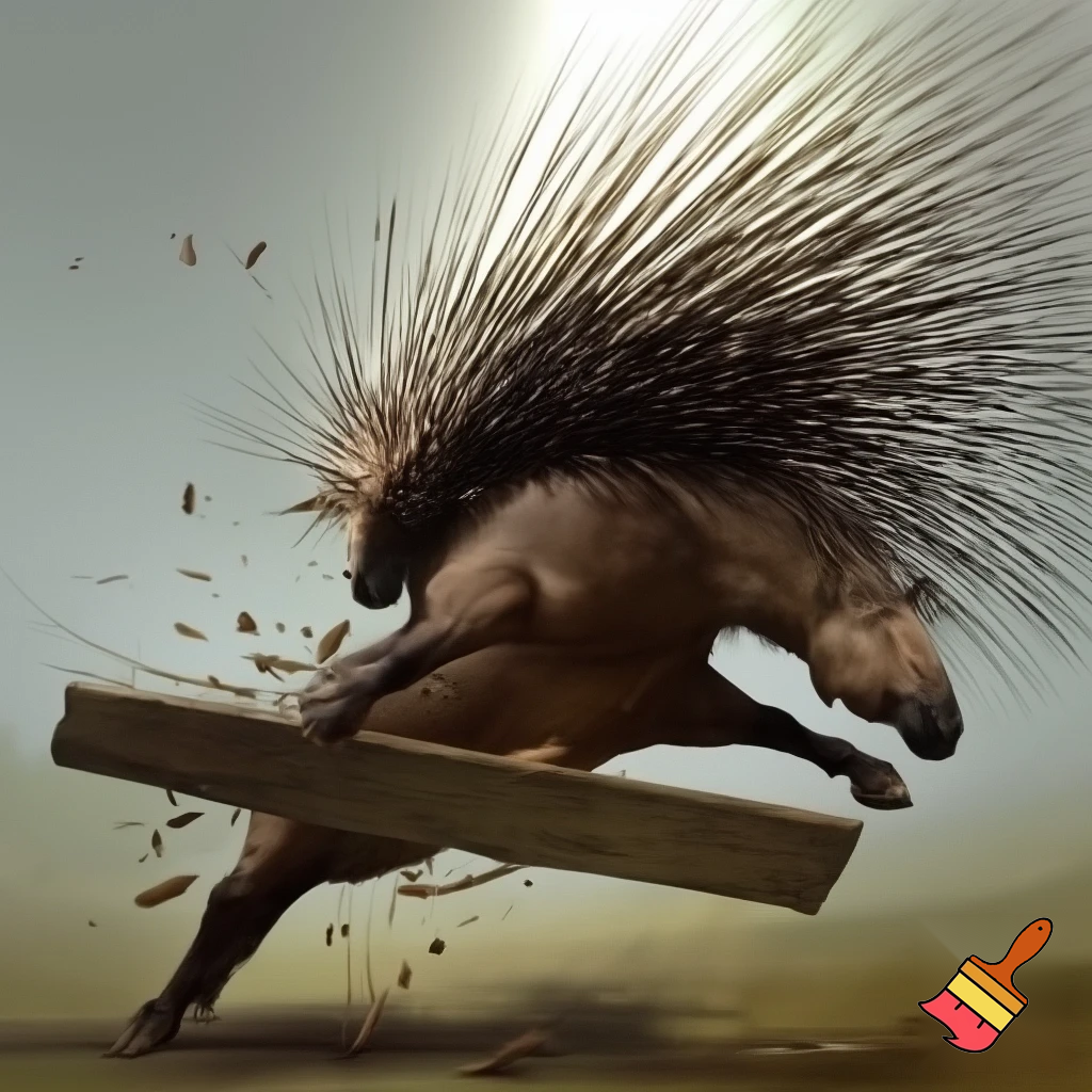 Half porcupine half horse kicking with a wooden board