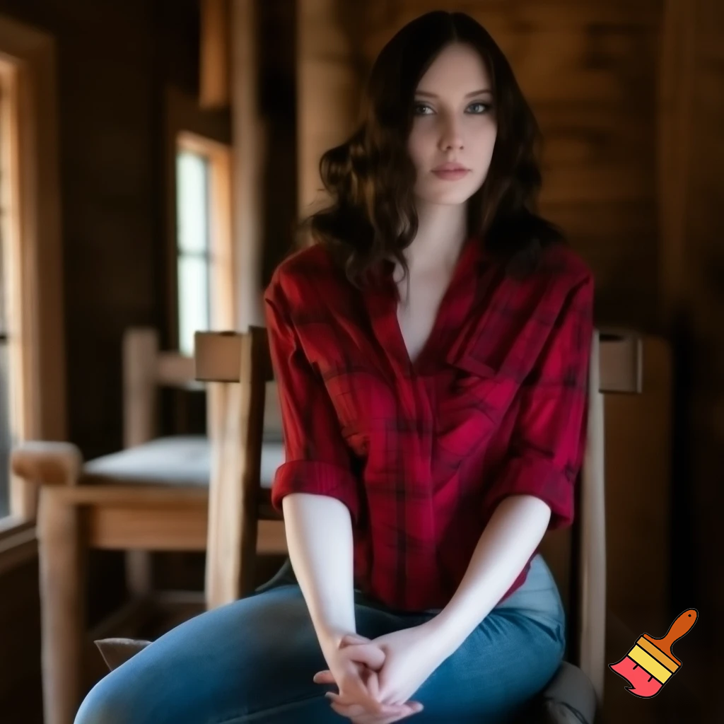 Woman. Somewhat realistic. Very pale skin. She is in a cabin. She is sitting on a wooden chair with her legs crossed. Her hands are folded in her lap. She has narrowed eyes. Her eyes are dark gray. She has dark brown wavy hair. She is wearing a red flannel shirt with sleeves that roll up to her elbows. She wears jeans. Her hips are curvy. Her bust is somewhat big