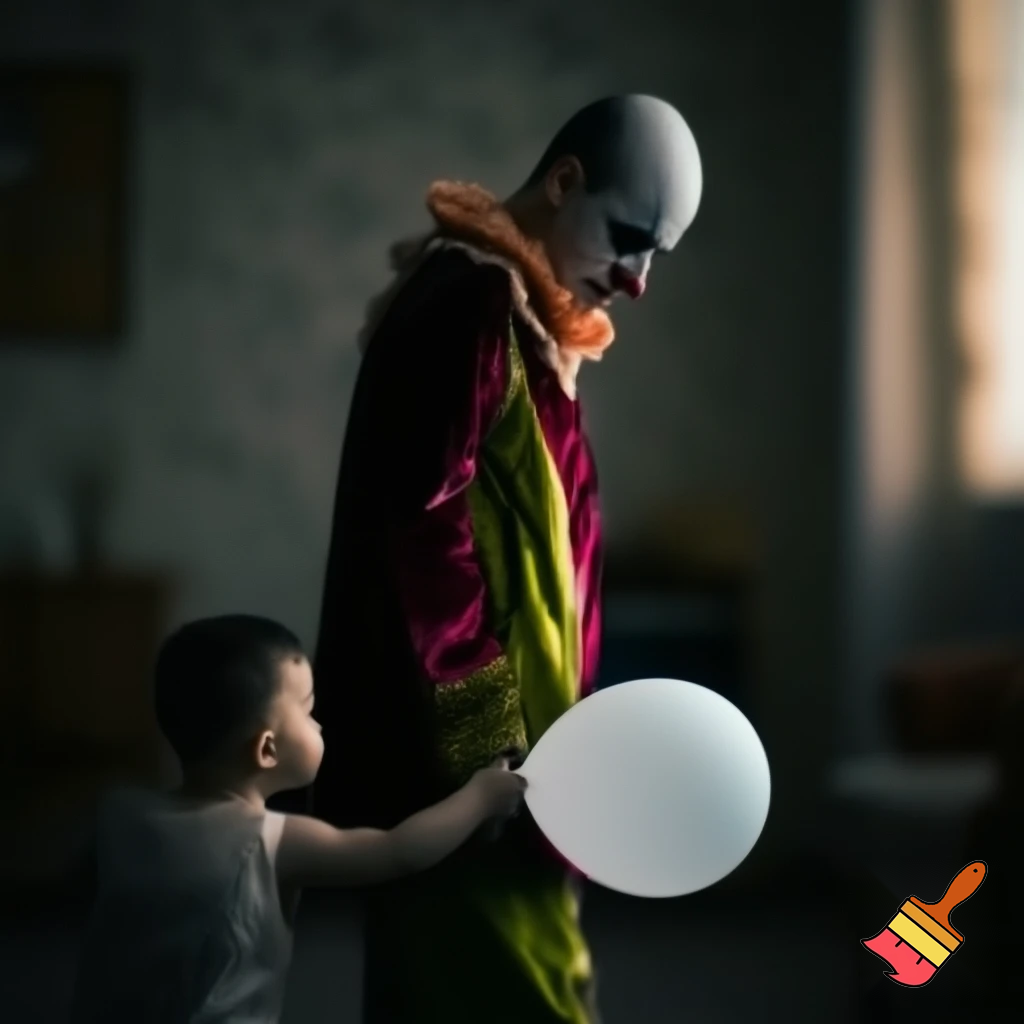 ):

A realistic full-body scene of a sad clown with detailed makeup and a colorful costume, standing quietly while a small child gently offers him a balloon animal. The atmosphere is emotional, tender, and heartwarming, with natural lighting, detailed fabric texture, and cinematic realism.