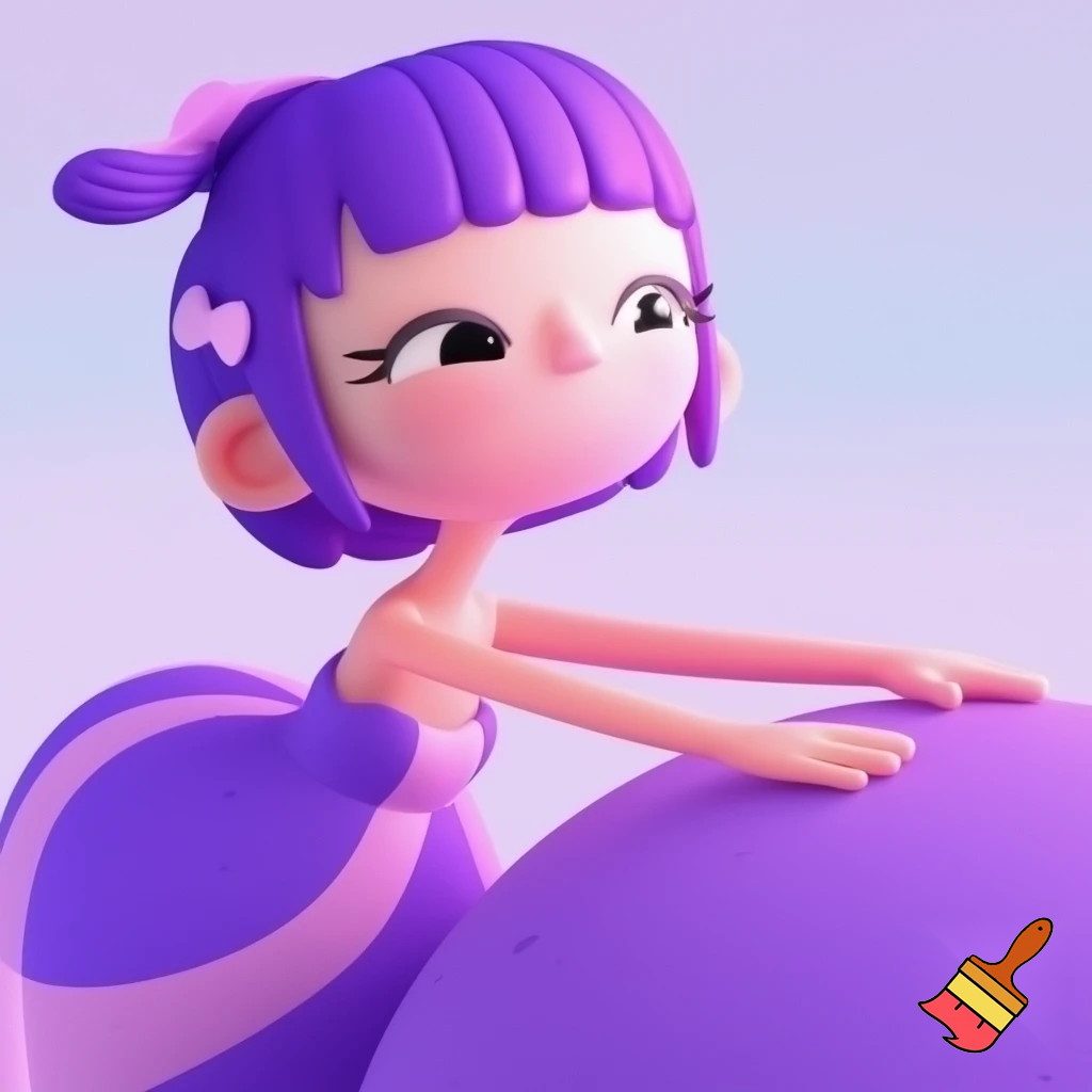 Bubble Guppies girl that has fair skin and a small, upturned nose, a gentle smile, and long eyelashes. Her hair is a vibrant shade of purple, styled in a bob with bangs and a small, light pink bow on the side. She is wearing a strapless dress that is purple with a lighter purple stripe. Her arms are extended, and her hands are visible, resting on a large, purple, rounded object, which could be a blanket or a part of a larger object.