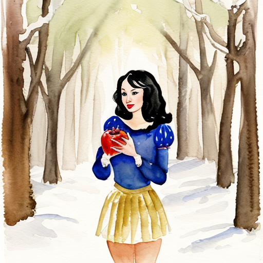 snow white standing in a forest holding an apple wearing her full costume with a short yellow miniskirt and re high heel shoes 
