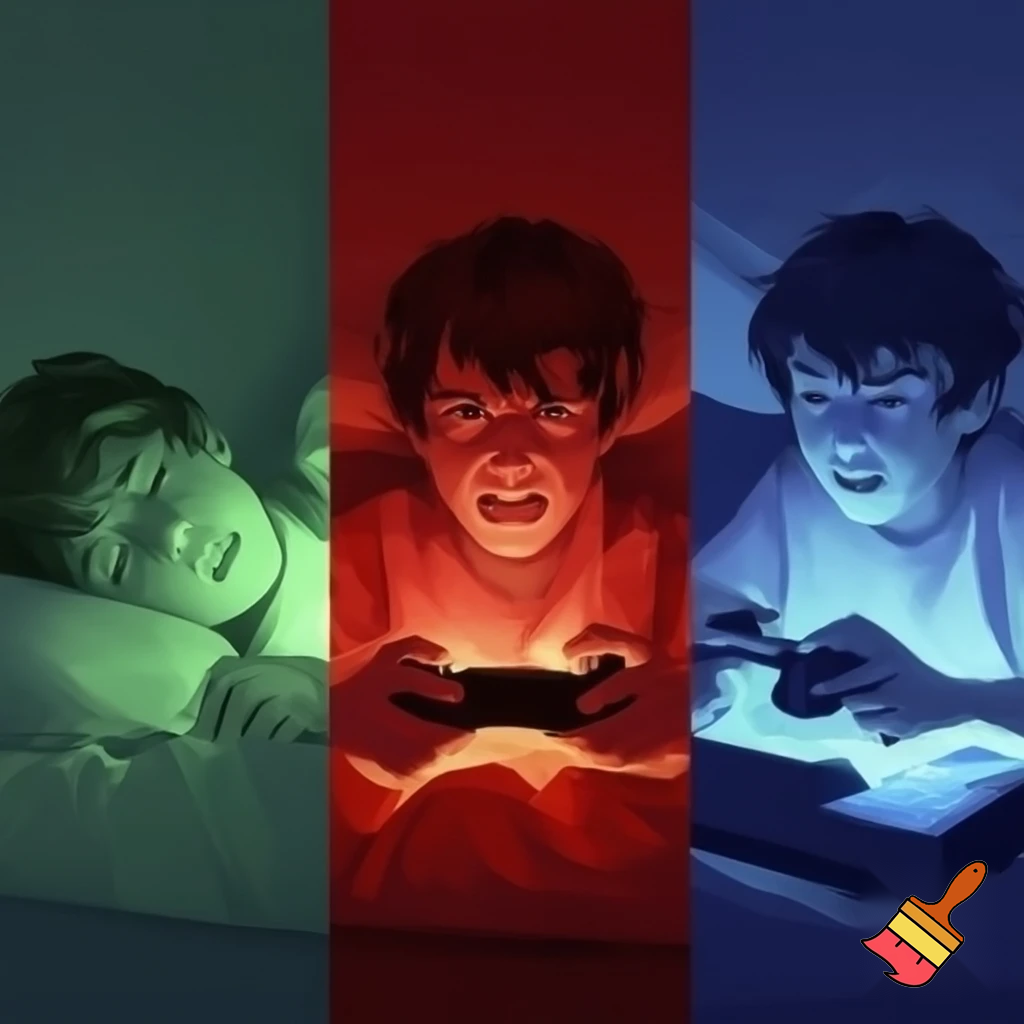 hazme una aimgen que sea con tres partes ue una sea un chico durmiendo con luz verde otro un chico enfadado con luz roja y otra un chico jugando al rdenador con luz azul

