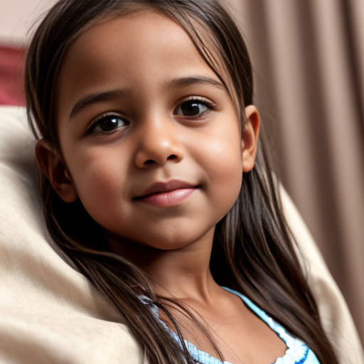 sudanese little girl, long brunette hair, night dress, on the bedroom, close up