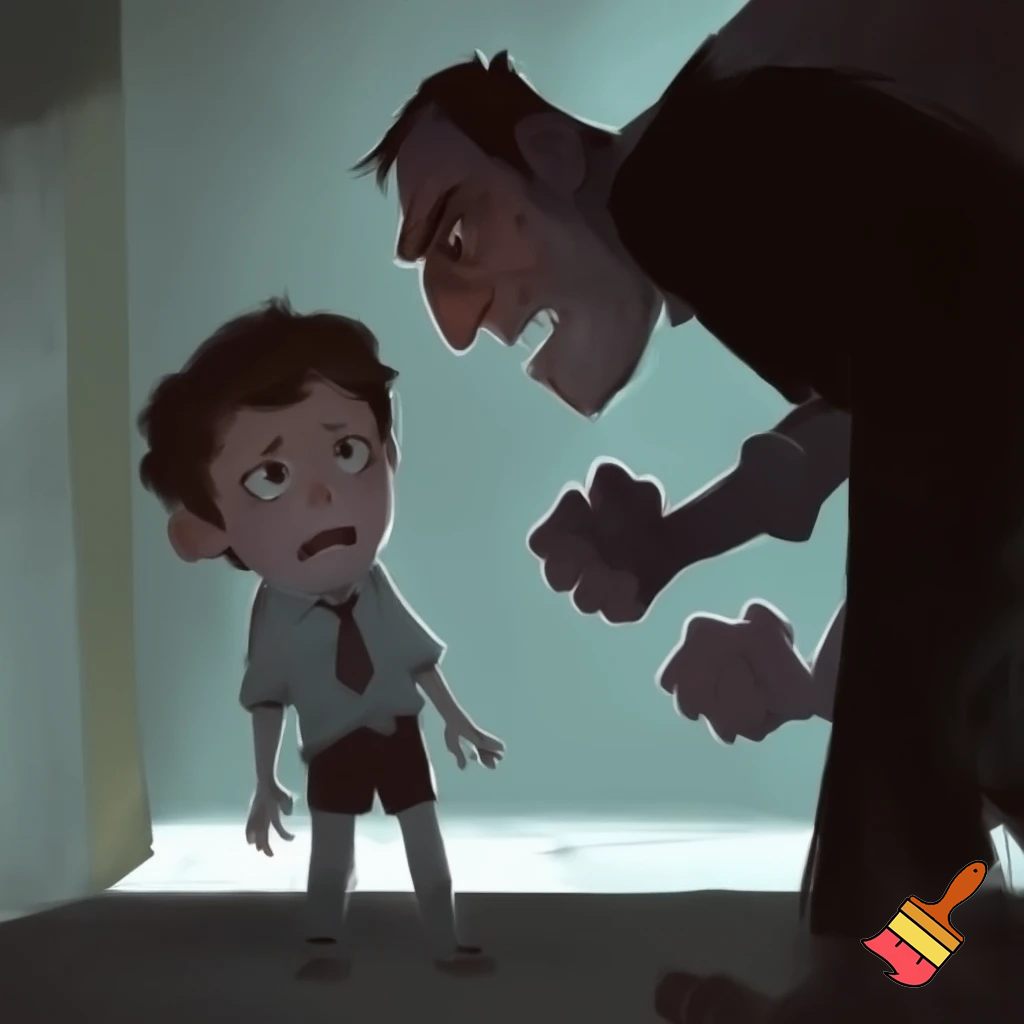 A boy in school uniform with his aggressive dad