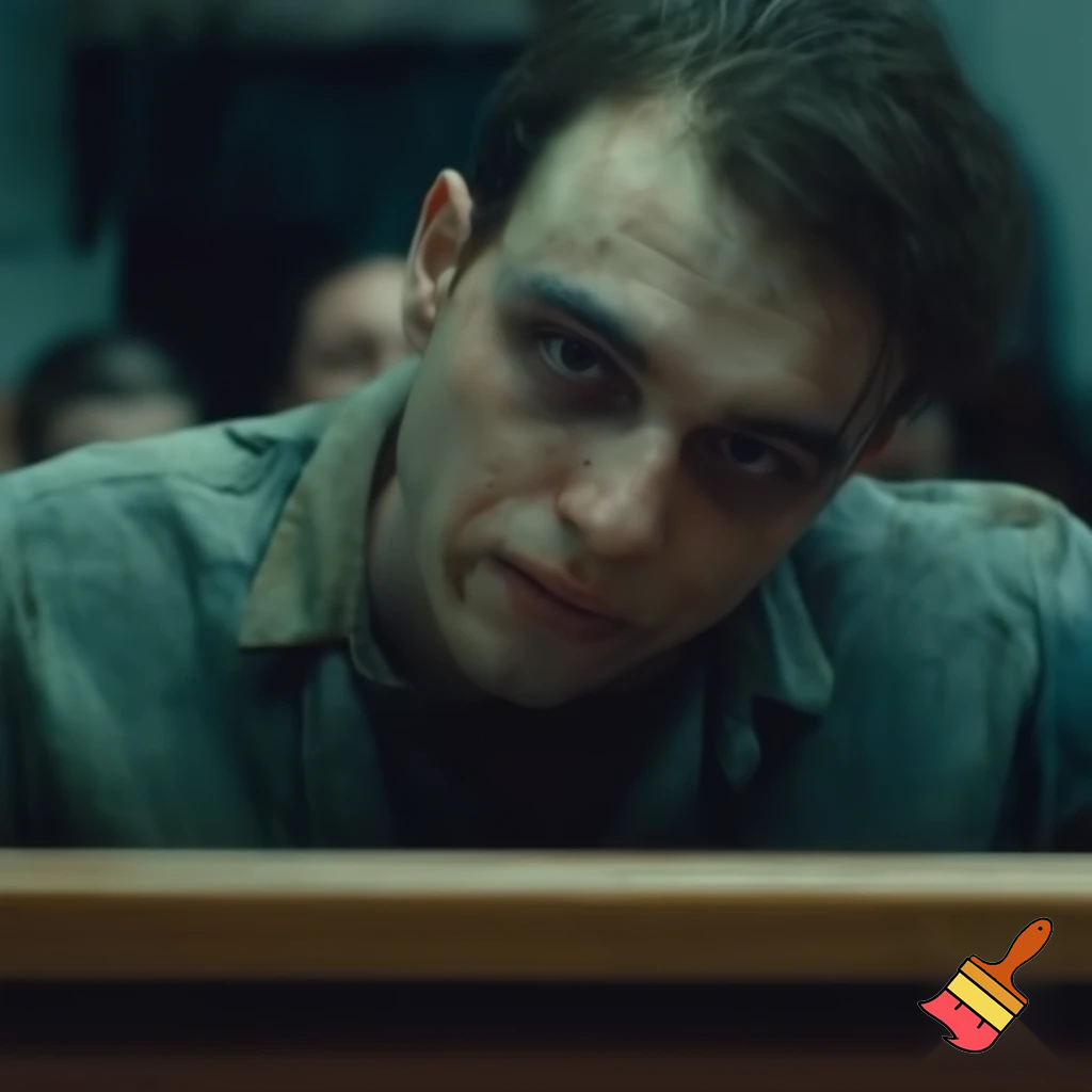 Portretul unui bărbat tânăr încă, cârciumar, copleșit de vină, 8n boxa acuzaților, la propriul său proces. 