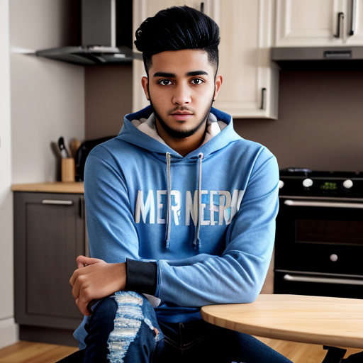 Pixar-style 3D cartoon, bright friendly colors, kitchen scene. Muslim mother, 35-40 years old, fully covered in light blue dress, cooking on the stove. Her son, 20 years old, wearing a blue hoodie and black jeans, short Muslim hairstyle, sitting at the table. Warm lighting, cozy atmosphere, detailed kitchen, natural composition young Muslim man, 20 years old, blue hoodie, black jeans, short Muslim hairstyle, bearded, round face, brown eyes