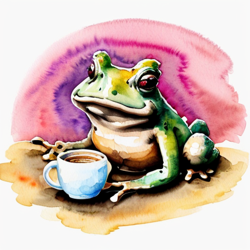 A hillarious, funny boho toad with some hippie colored coffee cups. Psychedelic decorated background. Drawing Hard style.